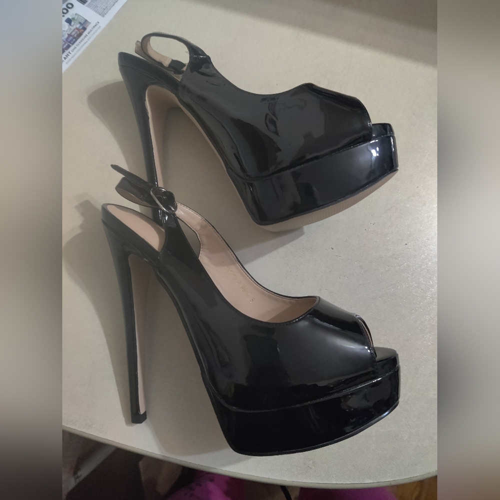 Black Patent Slingback Peep Toe Heels 6.5 - Picture 2 of 7